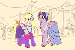 Size: 2700x1812 | Tagged: safe, artist:manicpanda, derpibooru import, derpy hooves, twilight sparkle, twilight sparkle (alicorn), alicorn, pegasus, bow, clothes, couple, dress, female, horn, implied shipping, lesbian, looking at something, mare, mountain, mountain range, open mouth, party, shipping, simple background, socks, tan background, twerpy, wings