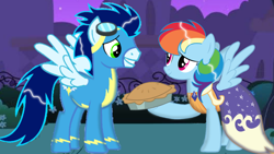 Size: 1280x720 | Tagged: safe, artist:mlplary6, derpibooru import, rainbow dash, soarin', clothes, dress, female, food, male, pie, shipping, soarindash, straight, that pony sure does love pies, uniform, wonderbolts uniform