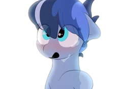 Size: 2064x1457 | Tagged: safe, alternate version, artist:mochi_nation, derpibooru import, oc, oc only, oc:galaxy, earth pony, pony, blushing, bust, crying, ears, eye clipping through hair, female, floppy ears, looking up, mare, open mouth, simple background, solo, white background