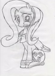 Size: 2544x3504 | Tagged: safe, derpibooru import, fluttershy, black and white, clothes, cutie mark, grayscale, monochrome, solo, traditional art