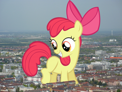 Size: 2000x1500 | Tagged: safe, artist:lilcinnamon, derpibooru import, apple bloom, earth pony, pony, apple bloom's bow, blank flank, bow, female, filly, germany, giant pony, giant/macro earth pony, giantess, hair bow, highrise ponies, irl, macro, mega apple bloom, mega giant, munich, photo, ponies in real life