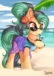 Size: 2894x4093 | Tagged: safe, artist:julunis14, derpibooru import, oc, oc only, earth pony, pony, alcohol, beach, bracelet, clothes, cloud, coat markings, cocktail, cocktail umbrella, commission, day, drink, ear fluff, ears, female, flower, flower in hair, high ponytail, hoof hold, jewelry, mare, ocean, outdoors, palm tree, pareo, ponytail, sand, sarong, scrunchie, sky, smiling, solo, straw in mouth, sunglasses, swimsuit, tree, water
