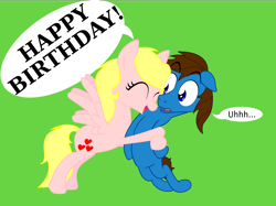 Size: 2088x1565 | Tagged: safe, artist:zombietator, derpibooru import, oc, oc only, oc:claire, earth pony, pegasus, pony, bipedal, confused, duo, earth pony oc, eyelashes, female, green background, happy birthday, hug, male, mare, pegasus oc, simple background, smiling, stallion, wings