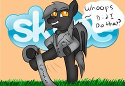 Size: 1100x758 | Tagged: safe, artist:tranzmuteproductions, derpibooru import, oc, oc only, bat pony, pony, bat pony oc, bat wings, bipedal, clothes, kicking, male, necktie, orange background, simple background, skype, slit eyes, solo, sorry not sorry, stallion, suit, talking, wings