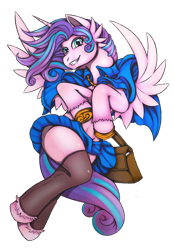 Size: 1280x1833 | Tagged: safe, artist:jennobasilicum, derpibooru import, princess flurry heart, alicorn, pony, alternate hairstyle, bag, cloak, clothes, female, grin, mare, older, older flurry heart, simple background, skirt, smiling, solo, stockings, thigh highs, transparent background, unshorn fetlocks