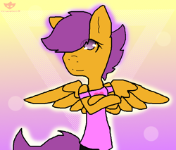 Size: 710x604 | Tagged: safe, artist:bunfoxx20studios, derpibooru import, scootaloo, anthro, pegasus, pony, clothes, crossed arms, dress, female, filly, solo