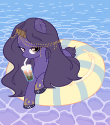 Size: 1800x2040 | Tagged: safe, artist:jelisicli, derpibooru import, oc, oc only, oc:urania, pony, unicorn, boba tea, constellation, constellation pony, drink, drinking, drinking straw, female, floatie, horn, horn jewelry, jewelry, long mane, looking at you, mare, ocean, short tail, solo, stars, tail