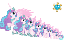 Size: 872x546 | Tagged: safe, artist:soft_angel, derpibooru import, princess flurry heart, alicorn, pony, age progression, baby, baby pony, colored wings, crown, crystal heart, diaper, ethereal mane, ethereal tail, female, filly, gradient wings, hoof shoes, horn, jewelry, mare, older, older flurry heart, raised hoof, raised leg, regalia, simple background, smiling, swaddling, tail, teenager, transparent background, wings, younger