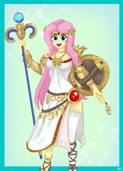 Size: 1600x2222 | Tagged: safe, artist:lennondash, derpibooru import, fluttershy, equestria girls, clothes swap, crossover, female, kid icarus, open mouth, palutena, shield, solo