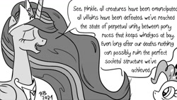 Size: 1200x675 | Tagged: safe, artist:pony-berserker, derpibooru import, pinkie pie, princess twilight 2.0, twilight sparkle, twilight sparkle (alicorn), alicorn, pony-berserker's twitter sketches, the last problem, crown, ethereal mane, eyes closed, jewelry, monochrome, older, older twilight, peace was never an option, peytral, regalia, stippling, tempting fate, that don't age well