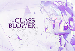 Size: 1000x692 | Tagged: safe, artist:akurion, derpibooru import, rarity, pony, unicorn, fanfic:the glass blower, abstract, abstract art, abstract background, big eyes, bust, fanfic, fanfic art, fanfic cover, female, glass, horn, looking at you, mare, modern art, portrait, shattered glass, solo, text, triangle