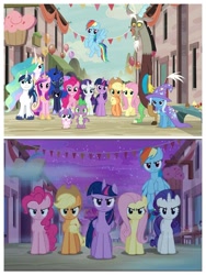 Size: 845x1126 | Tagged: safe, derpibooru import, edit, edited screencap, screencap, applejack, discord, fluttershy, pinkie pie, princess cadance, princess celestia, princess flurry heart, princess luna, rainbow dash, rarity, shining armor, spike, trixie, twilight sparkle, twilight sparkle (alicorn), alicorn, dragon, earth pony, pegasus, pony, unicorn, to where and back again, evil applejack, evil fluttershy, evil mane six, evil pinkie pie, evil rainbow dash, evil rarity, evil twilight, mane six