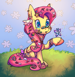 Size: 1194x1237 | Tagged: safe, artist:redapplesnap, derpibooru import, fluttershy, butterfly, pegasus, pony, :o, amazed, bandaid, bow, bracelet, chest fluff, ear piercing, eye reflection, female, flower, folded wings, friendship bracelet, grass, hair accessory, hairpin, jewelry, looking at something, mare, open mouth, outdoors, piercing, raised hoof, raised leg, reflection, sitting, solo, sticker, tail, tail accessory, tail bow, three quarter view, unshorn fetlocks, wings