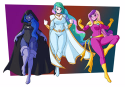 Size: 5035x3508 | Tagged: safe, artist:new-ereon, derpibooru import, princess cadance, princess celestia, princess luna, equestria girls, bodysuit, breasts, cape, cleavage, clothes, costume, female