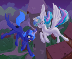 Size: 3600x3000 | Tagged: safe, artist:lonelylycanfox, derpibooru import, princess celestia, princess luna, alicorn, pony, angry, female, fight, flying, glowing, glowing horn, high res, horn, house, mare, missing cutie mark, signature, tower, wings