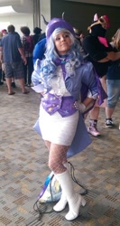 Size: 369x693 | Tagged: safe, artist:donnyku, artist:mieucosplay, derpibooru import, trixie, human, boots, bronycon, bronycon 2014, cape, clothes, cosplay, costume, cropped, hand on hip, hat, high heel boots, irl, irl human, photo, shoes, trixie's cape, trixie's hat