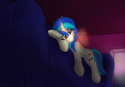 Size: 3118x2178 | Tagged: safe, artist:flapstune, derpibooru import, dj pon-3, vinyl scratch, pony, unicorn, cutie mark, female, fluffy, horn, lying down, magic, magic aura, mare, phone, sad, sofa, solo