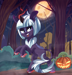 Size: 3197x3298 | Tagged: safe, artist:spookyle, derpibooru import, oc, oc:moonlit breeze, kirin, female, halloween, holiday, jack-o-lantern, kirin oc, moon, night, nightmare night, pumpkin, solo