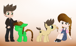 Size: 2817x1707 | Tagged: safe, artist:dyonys, derpibooru import, oc, oc only, oc:lucky brush, oc:night chaser, human, pony, chibi, clothes, cute, female, food, ice cream, male, mare, mlem, petting, silly, stallion, tongue, tongue out