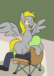 Size: 1000x1414 | Tagged: safe, artist:happy harvey, derpibooru import, derpy hooves, oc, oc:anon, human, pegasus, pony, chest fluff, drawn on phone, female, folding chair, happy, holding, holding a pony, male, open mouth, ponified animal photo, sitting, sitting on person, smiling, spread wings, wings