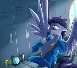 Size: 1280x1138 | Tagged: safe, artist:rocket-lawnchair, derpibooru import, soarin', clothes, goggles, locker room, struggling, uniform, wonderbolts uniform