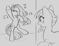 Size: 797x615 | Tagged: safe, artist:marbo, limestone pie, marble pie, earth pony, pony, bipedal, caught, dancing, female, headphones, mare, monochrome, music notes, open mouth, open smile, smiling, surprised