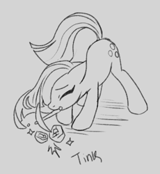 Size: 362x393 | Tagged: safe, artist:marbo, marble pie, earth pony, pony, eyes closed, female, mare, monochrome, mouth hold, pickaxe, rock, rock farm, solo