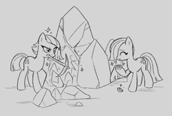 Size: 1065x722 | Tagged: safe, artist:marbo, limestone pie, marble pie, earth pony, pony, eyes closed, female, hoof hold, mare, monochrome, mouth hold, pickaxe, rock, rock farm, smiling