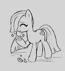 Size: 452x498 | Tagged: safe, artist:marbo, marble pie, earth pony, pony, eyes closed, female, hoof hold, mare, monochrome, rock, rock farm, smiling, solo