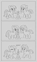 Size: 1478x2470 | Tagged: safe, artist:marbo, limestone pie, marble pie, earth pony, pony, balancing, black and white, blank flank, comic, eyes closed, female, filly, filly limestone pie, filly marble pie, grayscale, lineart, looking at something, mhm, monochrome, mouth hold, open mouth, rock, shocked, siblings, sisters, smiling, surprised