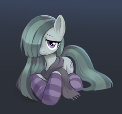 Size: 2196x2048 | Tagged: safe, artist:marbo, marble pie, earth pony, pony, female, gradient background, hair over one eye, lidded eyes, looking at you, mare, prone, scarf, smiling, smiling at you, solo, striped socks