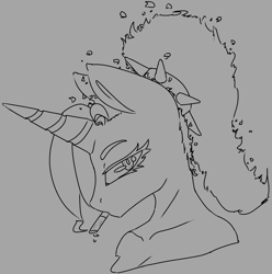 Size: 1527x1540 | Tagged: safe, artist:2hrnap, oc, oc only, oc:dyx, alicorn, anthro, alicorn oc, bust, cigarette, female, horn, lidded eyes, lineart, monochrome, portrait, simple background, sketch, smoking, solo