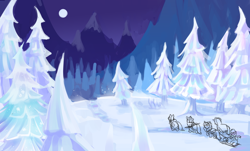 Size: 3856x2323 | Tagged: safe, artist:marbo, oc, oc:crackling fire, oc:evergreen, oc:pine needle, oc:pine ponder, oc:snow glide, pony, /mlp/, coat, crystal forest, crystal spruce, crystal tree, female, filly, full moon, mare, moon, mountain, night, sled, snow, snowpony (species), spear, taiga pony, weapon, wip