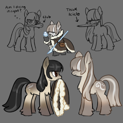 Size: 1500x1500 | Tagged: safe, artist:marbo, oc, oc only, oc:cold shoulder, oc:ice elation, pony, /mlp/, bangs, chest fluff, club, coat, coat markings, crystal pinecone, fluffy, gray background, hoof fluff, ice spear, looking at each other, pale belly, pinecone, reference sheet, siblings, simple background, sisters, snowpony (species), socks (coat marking), spear, taiga pony, weapon, yakutian horse