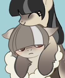 Size: 830x993 | Tagged: safe, artist:marbo, oc, oc only, oc:cold shoulder, oc:ice elation, pony, /mlp/, bangs, blushing, coat, coat markings, duo, eyes closed, female, fluffy, flustered, hoof fluff, looking at you, mare, pale belly, siblings, sisters, snowpony (species), socks (coat marking), taiga pony, yakutian horse