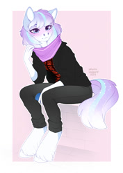 Size: 905x1280 | Tagged: safe, artist:kyotoleopard, oc, oc only, anthro, unguligrade anthro, anthro oc, blushing, clothes, female, jacket, mare, pants, scarf, sitting, solo, unshorn fetlocks