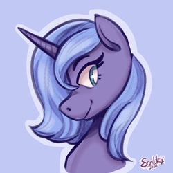 Size: 750x750 | Tagged: safe, artist:scribleydoodles, derpibooru import, princess luna, alicorn, pony, blue background, cute, female, lunabetes, mare, s1 luna, simple background, solo