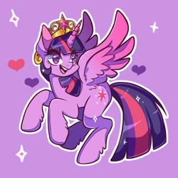 Size: 1500x1500 | Tagged: safe, artist:artkett1412, derpibooru import, twilight sparkle, twilight sparkle (alicorn), alicorn, pony, big crown thingy, colored wings, colored wingtips, element of magic, female, flying, heart, jewelry, mare, purple background, regalia, simple background, smiling, solo, sparkles, spread wings, wings