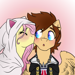 Size: 2000x2000 | Tagged: safe, artist:not-ordinary-pony, derpibooru import, fluttershy, pony, fanfic:kingdom hearts of harmony, blushing, clothes, commission, kingdom hearts, kingdom hearts of harmony, kiss on the cheek, kissing, ponified, shipping, simple background, sora, sorashy