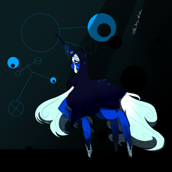 Size: 1800x1800 | Tagged: safe, artist:artywitch, derpibooru import, pony, unicorn, abstract background, blue, blue diamond (steven universe), blue eyes, blue skin, crossover, female, gem, giant pony, hood, hoof shoes, horn, horn ring, macro, mare, ponified, ring, solo, steven universe, white hair, white mane