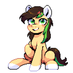 Size: 640x640 | Tagged: safe, artist:hikkage, derpibooru import, oc, oc only, oc:verdant ardea, earth pony, pony, looking at you, pixel art, simple background, sitting, solo, transparent background