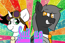 Size: 1152x768 | Tagged: safe, artist:tranzmuteproductions, derpibooru import, oc, oc only, oc:lightning bliss, alicorn, bat pony, pony, abstract background, bat pony oc, clothes, duo, female, goggles, male, mare, necktie, stallion, suit