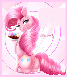 Size: 607x700 | Tagged: safe, artist:fantisai, derpibooru import, pinkie pie, earth pony, pony, abstract background, balloonbutt, butt, cupcake, eyelashes, food, looking back, plot, smiling, solo
