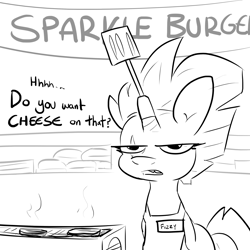 Size: 2500x2500 | Tagged: safe, artist:tjpones, derpibooru import, fizzlepop berrytwist, tempest shadow, pony, unicorn, apron, black and white, burger, clothes, female, food, grayscale, horn, mare, monochrome, name tag, solo, spatula, talking to viewer, tempest gets her horn back, tempest shadow is not amused, unamused