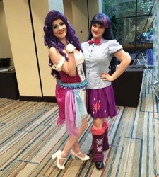 Size: 800x890 | Tagged: safe, artist:sarahndipity cosplay, artist:shelbeanie, derpibooru import, rarity, twilight sparkle, human, equestria girls, clothes, cosplay, costume, everfree northwest, everfree northwest 2018, hand on hip, high heels, irl, irl human, photo, shoes