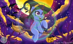 Size: 2000x1200 | Tagged: safe, artist:julie25609, derpibooru import, alicorn, bat, earth pony, pegasus, pony, unicorn, luna eclipsed, advertisement, broom, cloud, commission, commission info, flying, flying broomstick, hat, moon, night, photo, pumpkin bucket, sky, stars, tree, witch hat, ych example, your character here
