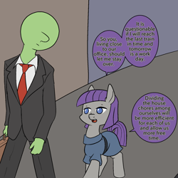 Size: 1500x1500 | Tagged: safe, artist:happy harvey, derpibooru import, maud pie, oc, oc:anon, earth pony, human, pony, briefcase, clothes, dialogue, drawn on phone, female, looking down, male, mare, propositioning, suit, walking