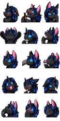 Size: 2349x4739 | Tagged: safe, artist:pridark, derpibooru import, oc, oc only, oc:swift dawn, changeling, blue changeling, blue eyes, blushing, boop, bottle, changeling oc, commission, crossed arms, disembodied hoof, drunk, emotes, expressions, eyes closed, fangs, frog (hoof), heart, hug, male, simple background, smiling, solo, stallion, tongue, tongue out, transparent background, underhoof