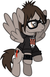 Size: 844x1300 | Tagged: safe, artist:lightningbolt, derpibooru exclusive, derpibooru import, pegasus, pony, .svg available, clandestine industries, clothes, flying, frown, glasses, hood, hoodie, jewelry, male, mikey way, my chemical romance, necklace, ponified, rolled up sleeves, simple background, solo, spread wings, stallion, svg, transparent background, vector, wings, wristband