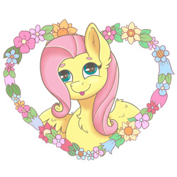 Size: 2000x2000 | Tagged: safe, artist:starlight-j, derpibooru import, fluttershy, pegasus, :p, bust, chest fluff, ear fluff, ears, flower, frame, looking up, pastel, simple background, solo, tongue, tongue out, white background